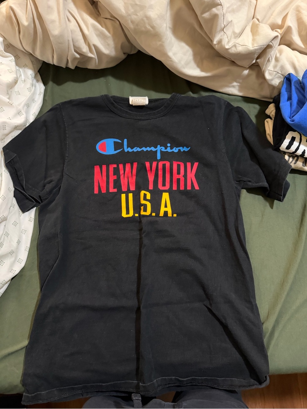 Champion Black New York U.S.A. Graphic Tee with Multicolor Logo